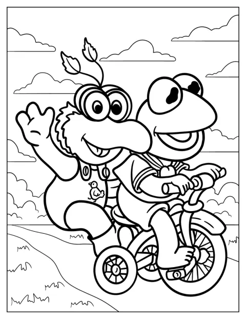 Les bébés Gonzo et Kermit font du vélo ensemble.