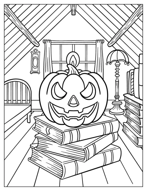 Halloweenská dýně sedí na hromadě knih ve strašidelném podkroví.