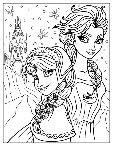 Anna e Elsa estão juntas num cenário de inverno.