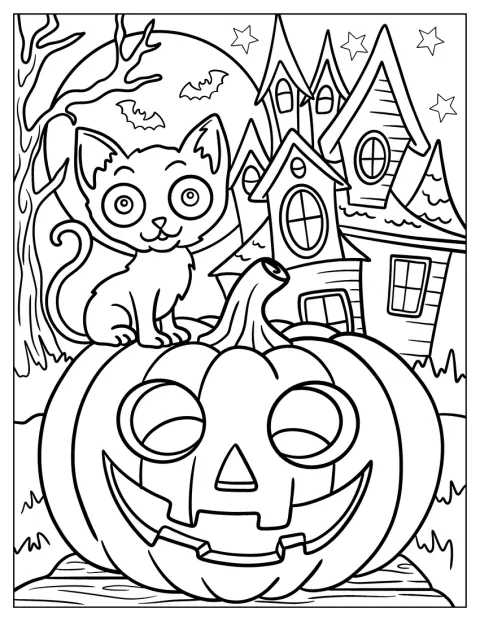 Een schattig katje in pompoenvorm zit voor een spookhuis.