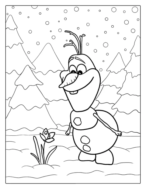 Olaf observa uma flor que tem diante de si.