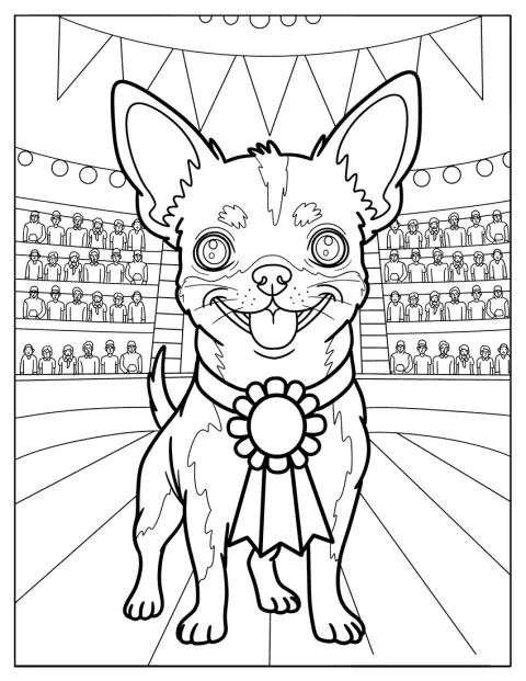 Un chihuahua luce una cinta en un estadio.