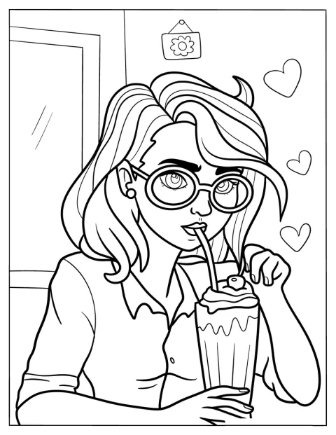 Nerdy Woman Drinking A Milkshake Coloring Page