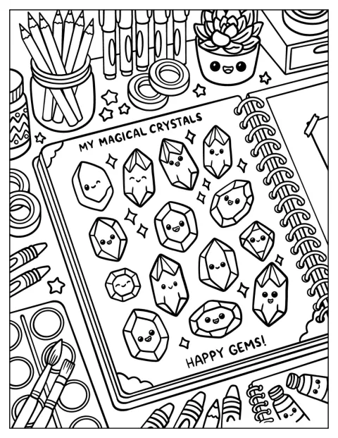 Un carnet ouvert présente des dessins de cristaux aux allures magiques.