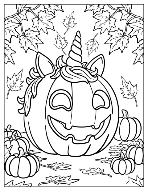 Una calabaza con cuerno de unicornio aparece entre otras calabazas y hojas otoñales.