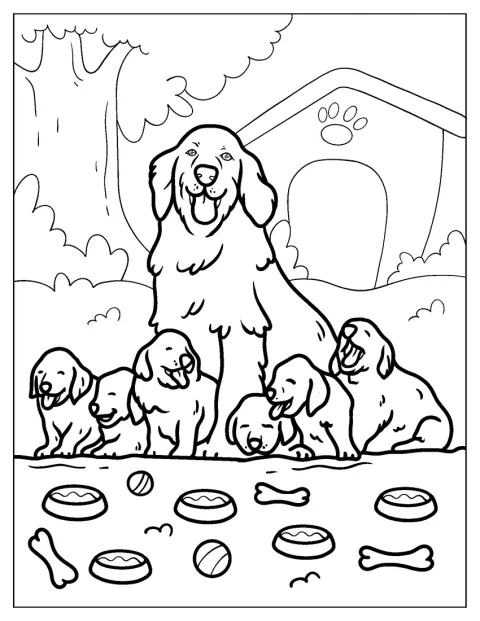Une chienne veille sur ses chiots rassemblés près d'elle.