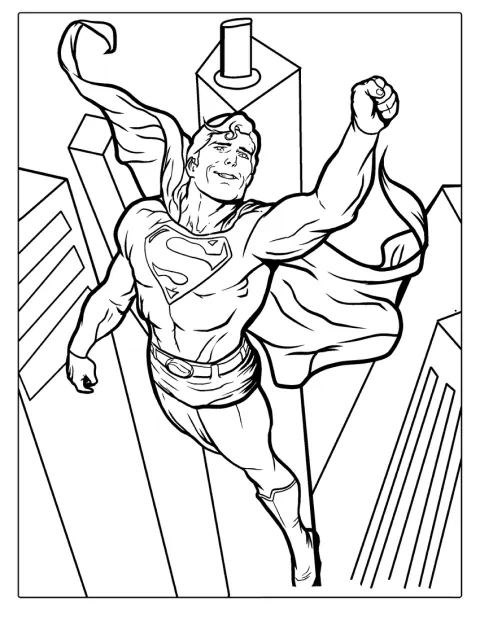 Superman flyver hen over byens skyline mellem høje bygninger.