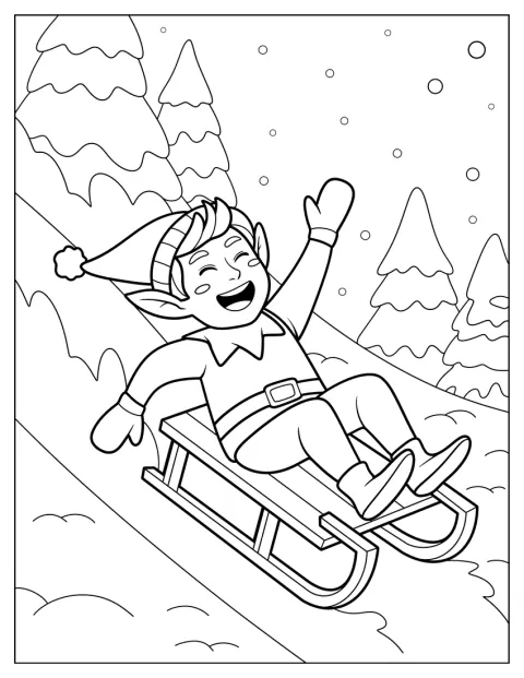 Tout joyeux, un lutin glisse sur une colline enneigée, entre des arbres et des flocons.