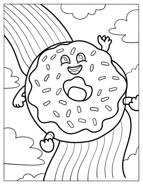 Een vrolijke donut glijdt langs een regenboog naar beneden.