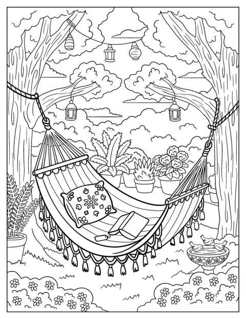 Hammock with Throw Pillow, Book, Hanging Lanterns Coloring Sheet for Adults