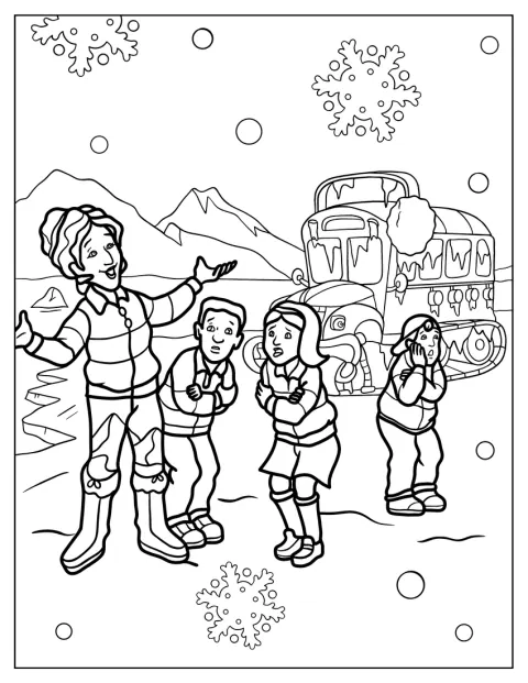 Ms. Frizzle, Tim, Ralphie e Phoebe viaggiano in autobus al Polo Nord.