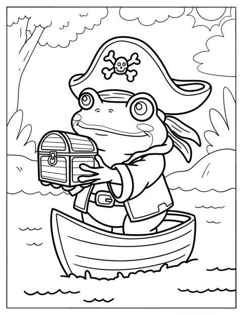 Um sapo vestido de pirata segura um baú do tesouro.