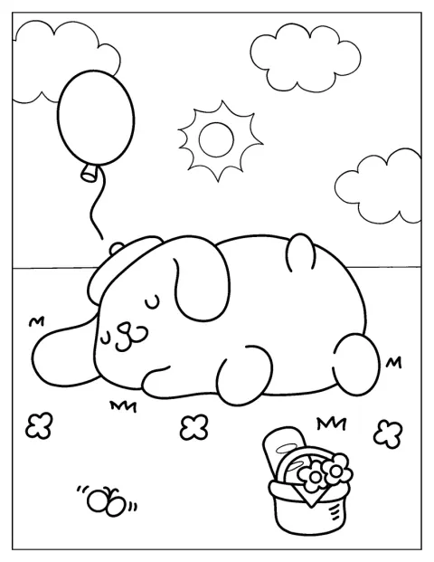 ポムポムプリンが草の上で気持ちよさそうに眠っています。