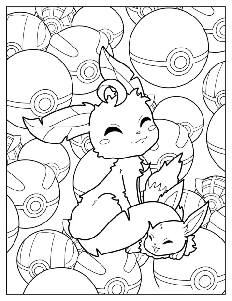 Leafeon brinca com um Eevee bebé, enquanto várias Poké Balls aparecem ao fundo.