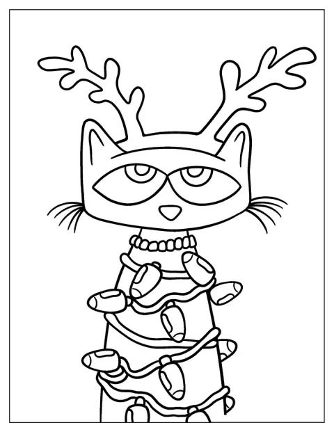 ピート・ザ・キャットが角とクリスマスライトを身につけています。