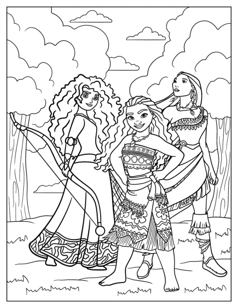 Merida, Vaiana e Pocahontas sono ritratte insieme.