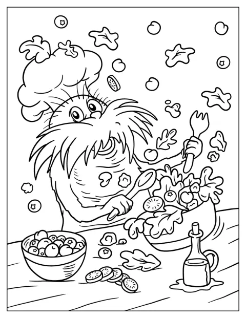 Dr. Seuss prepara comida ao lado de The Lorax na cozinha.