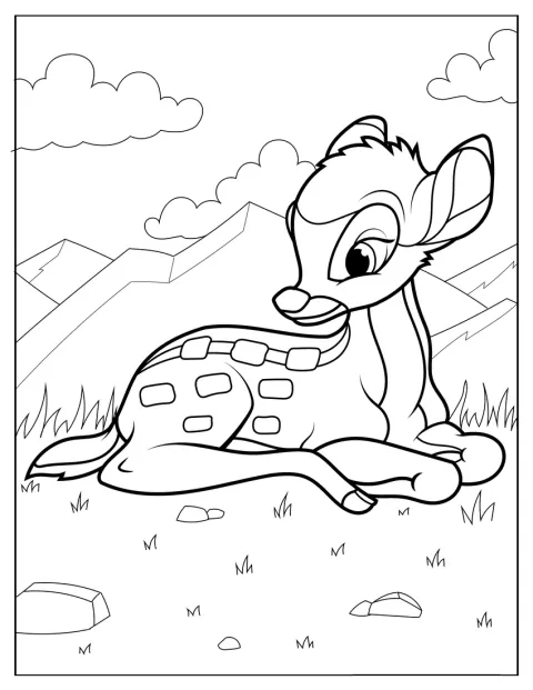 Bambi sidder på græsset og ser nysgerrigt frem.