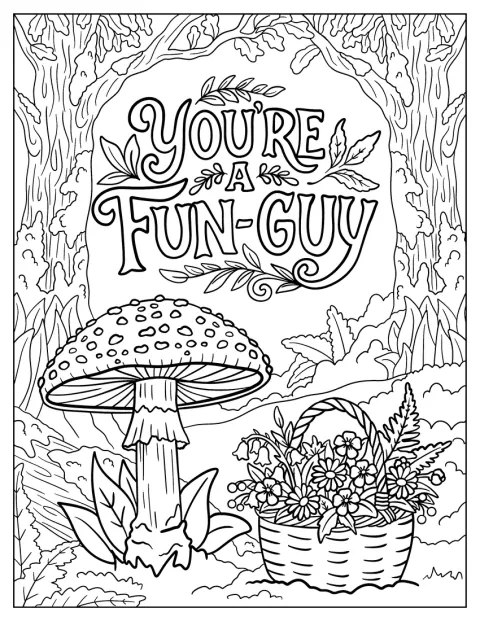 Egy gombát és virágot rejtő kosár fölött a „You’re a Fun Guy” felirat áll.