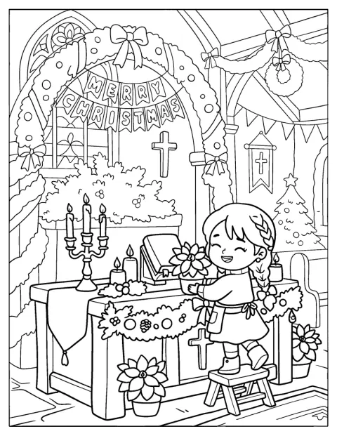 Ein kleines Mädchen dekoriert den Altar einer Kirche für Weihnachten.
