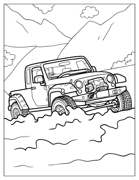 En jeep krydser et lavt vandløb.