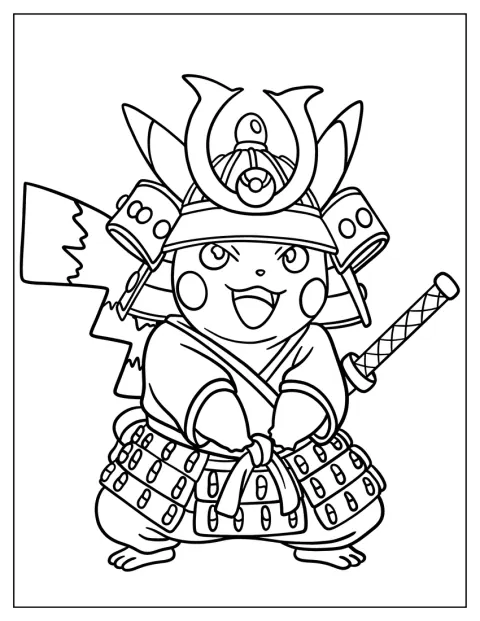 ピカチュウが侍の姿で、戦いに備えたポーズを取っています。
