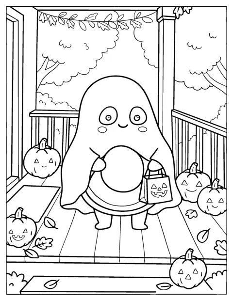 アボカドが、ハロウィーンのかぼちゃと一緒にお菓子をもらいに出かけています。