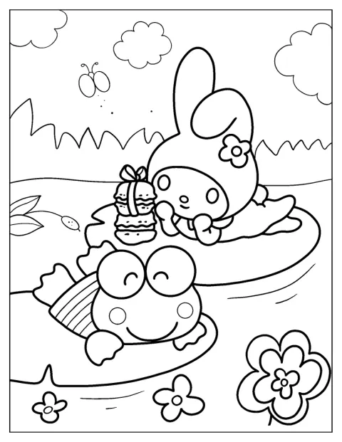 My Melody och Keroppi solar medan de ligger på näckrosblad.
