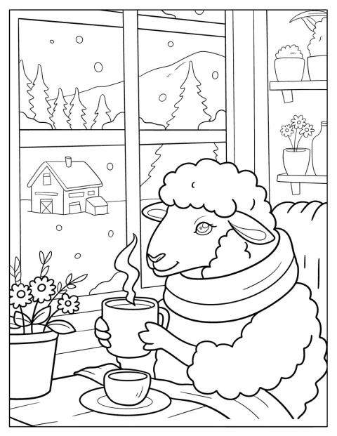 Una oveja disfruta de chocolate caliente junto a una ventana acogedora.