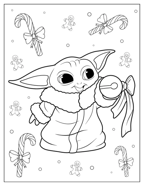 Baby Yoda staat tussen zuurstokken in kerstsfeer.