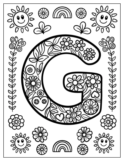 Ett hjärta, löv och blommor pryder bokstaven G.