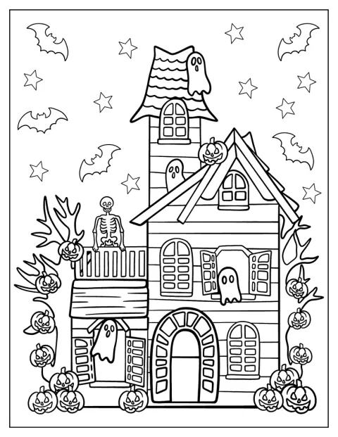 Fantasmas, esqueletos e abóboras de Halloween rodeiam uma casa assombrada.