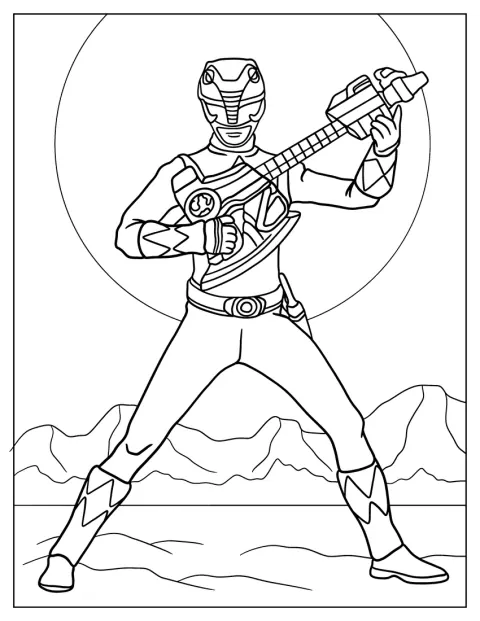 Um Power Ranger segura uma arma de grandes dimensões.