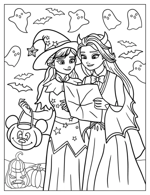 エルサとアナが、ハロウィンの宝探しをしています。