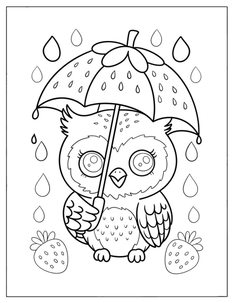 Pe ploaie, un pui de bufniță se adăpostește sub o umbrelă cu căpșuni.