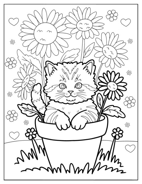 Un gatito asoma desde una maceta llena de girasoles.