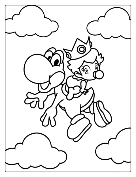 Yoshi holder babyprinsesse Peach i sine arme.
