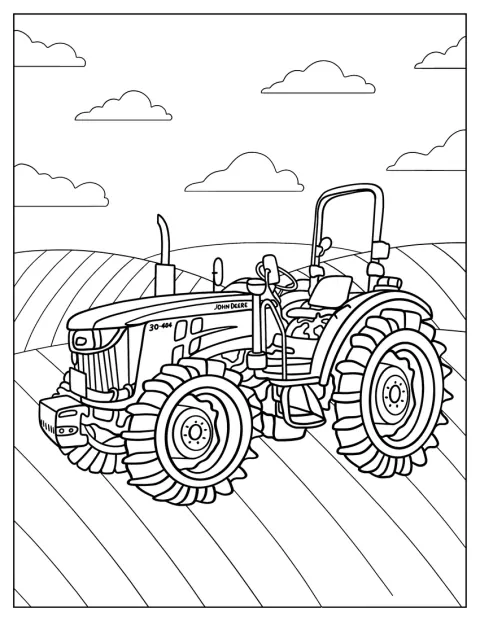 Um mini trator compacto John Deere está parado, visto de perfil.