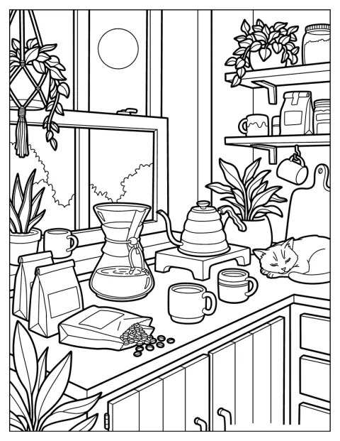 Spící kočka odpočívá vedle překapávače v útulném kávovém koutku.