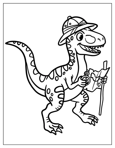 En Velociraptor håller en karta medan den utforskar omgivningen.