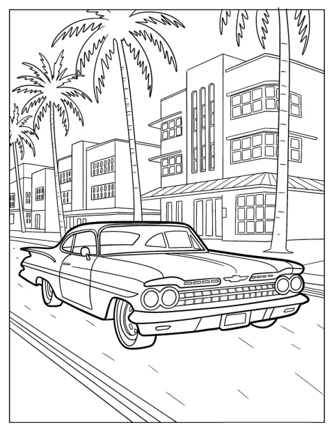 Un hot rod Chevrolet Impala din 1959 este parcat pe o stradă mărginită de palmieri.