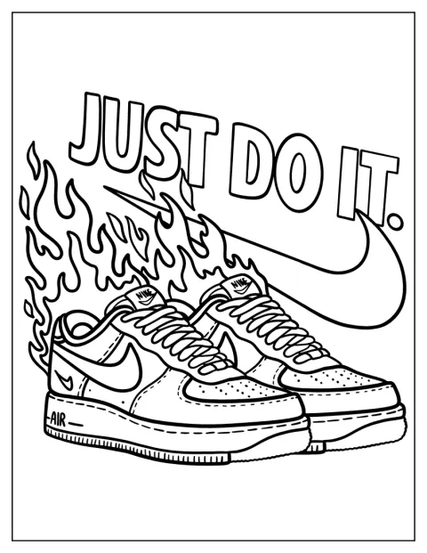 Flammen umgeben Nike-Sneaker neben dem Schriftzug „Just Do It“.