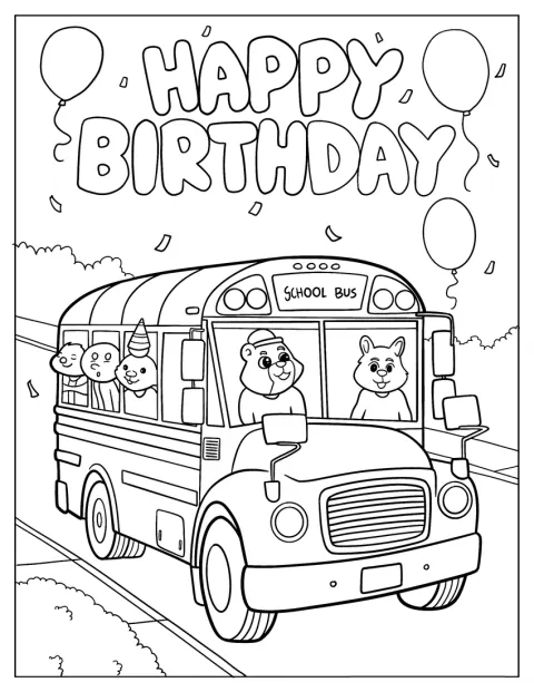 風船を飾ったスクールバスが、誕生日をお祝いしています。