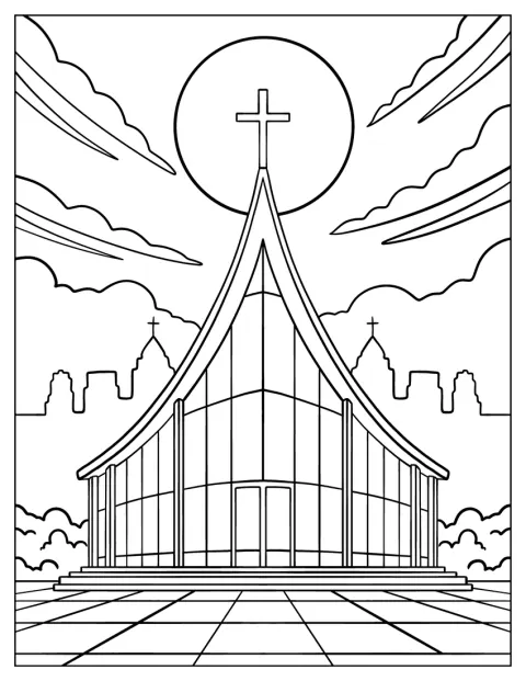 Nowoczesny szklany kościół z krzyżem góruje nad miejską panoramą.