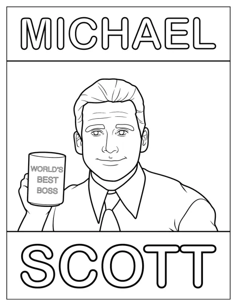 Michael Scott sostiene una taza que dice «World’s Best Boss» en la oficina.