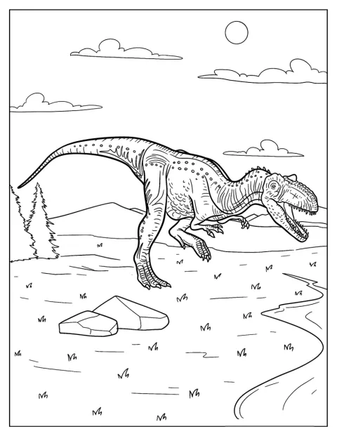Een kleine allosaurus rent over de grond.