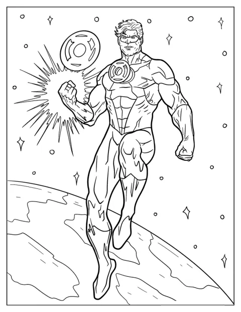Green Lantern zweeft buiten de aarde tussen de sterren.
