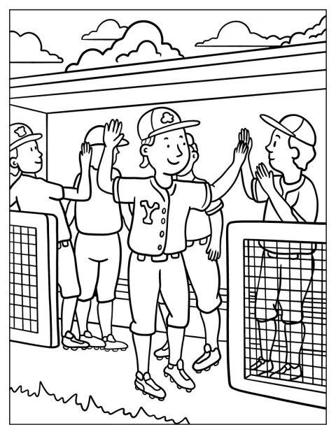 Lagkamerater jubler sammen i dugouten.