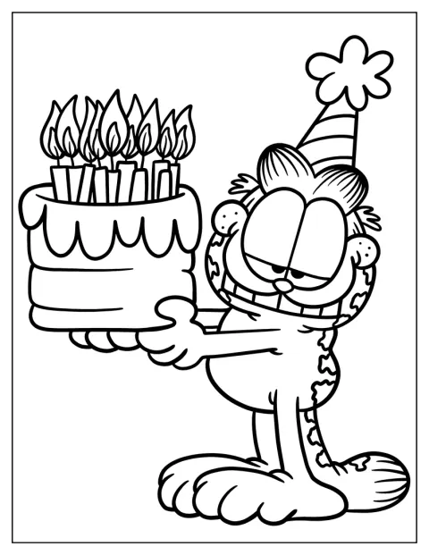 Happy Birthday Coloring Page Of Garfield Carrying Large Birthday Cake
