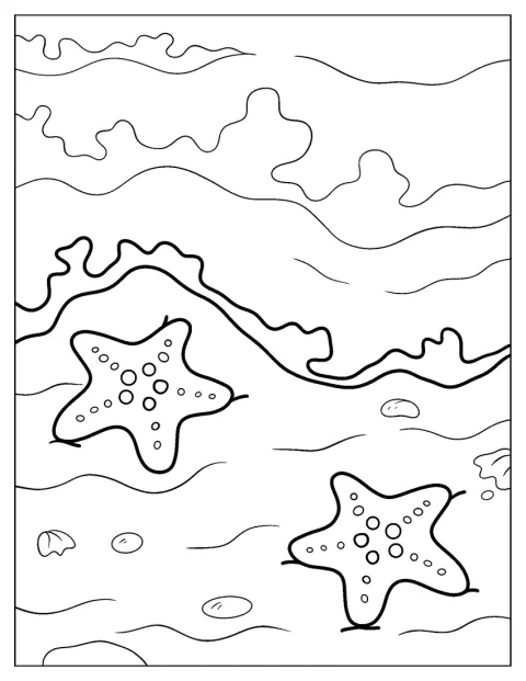 Pe nisip se află o stea de mare desenată simplu.